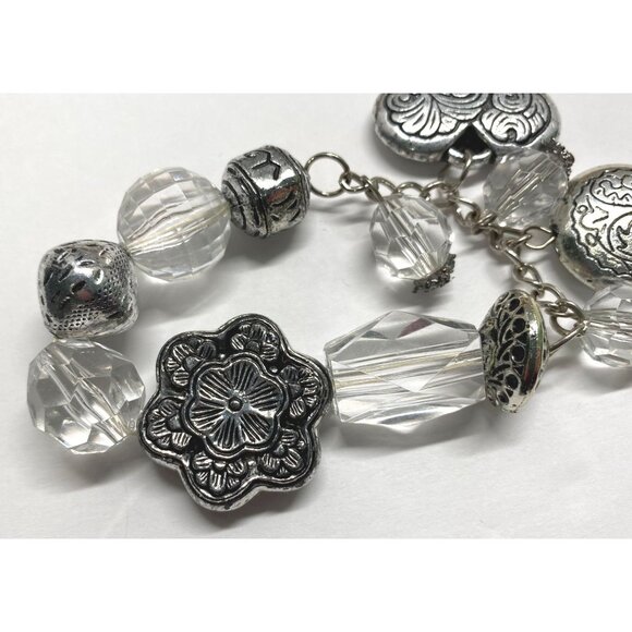 Silver Tone Chunky Charm Bracelet Beaded Heart Flowers Stretch - Picture 4 of 6